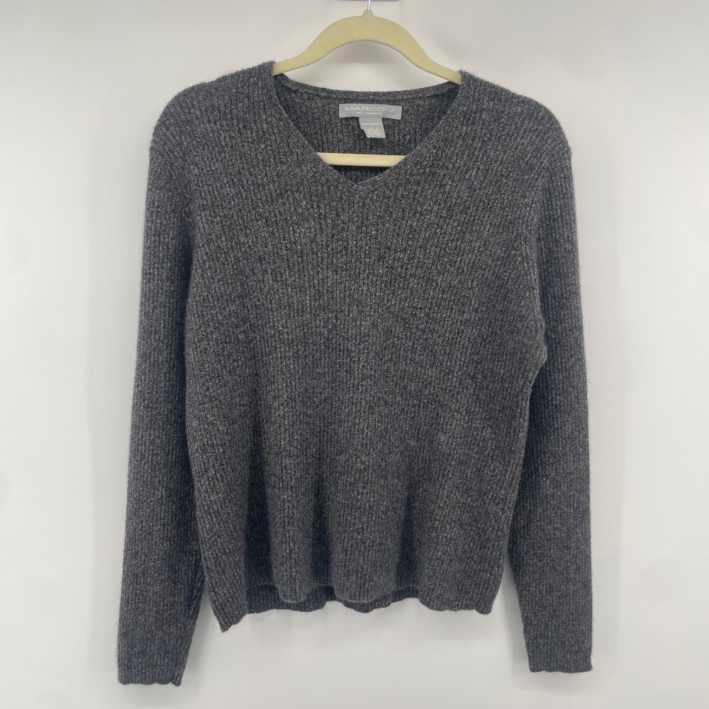 Marconi Sweater Women Large Gray 100% Cashmere Ribbed V-Neck Pullover Knit Top